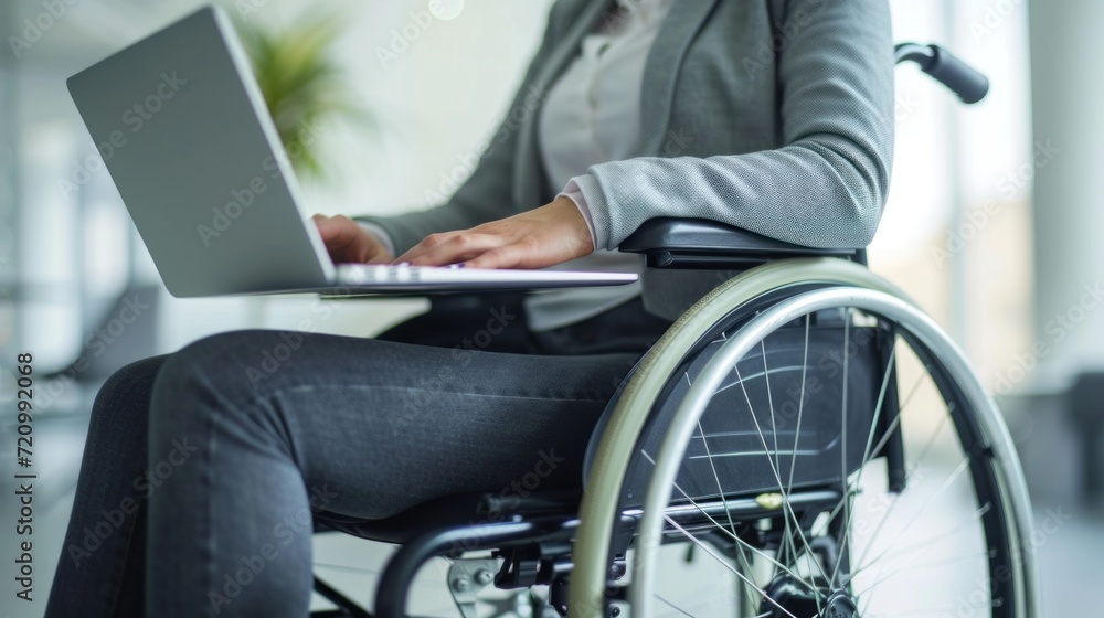 Businesswoman on the wheelchair working on the laptop Businesswoman on the wheelchair working on the laptop