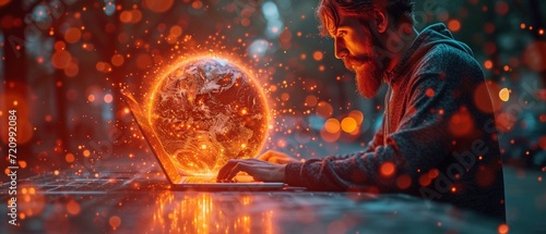Hacker utilising laptop with imaginative bright globe hologram against hazy backdrop. Concepts of global networks, hackers, maps, and metaverse