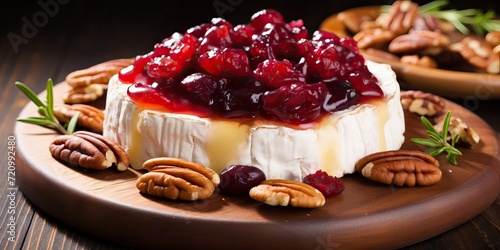 cheesecake with cranberries and pecan nuts on wooden background Generative AI