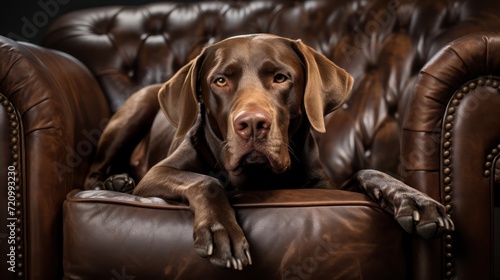 Studio portrait of a chocolate Labrador Retriever sitting on a leather sofa. Generative AI