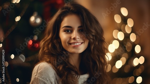 Happy Brunette Girl Smiling in Front of Christmas Tree AI Generated