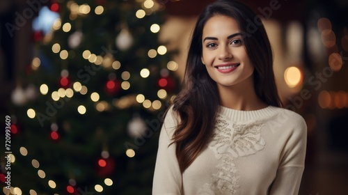Happy Brunette Girl Smiling in Front of Christmas Tree AI Generated