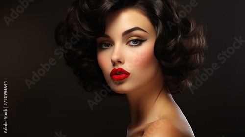 Portrait of beautiful young woman with red lips and curly hairstyle Generative AI