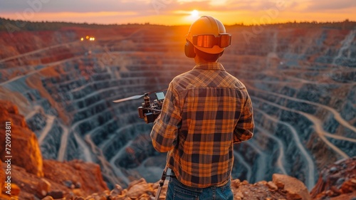 Operators of team professionals evaluating an industrial open pit mine and sand quarry. Pilot engineer's drone industrial inspection