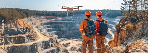 Operators of team professionals evaluating an industrial open pit mine and sand quarry. Pilot engineer's drone industrial inspection photo