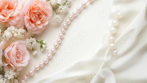 wedding rings and roses bouquet with pearl necklace