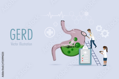 GERD gastroesophageal reflux acid on stomach. Doctor examine digestive disorder stomach causes patient heartburn pain or acid reflux indigestion. Medical and healthcare. 3D vector.
