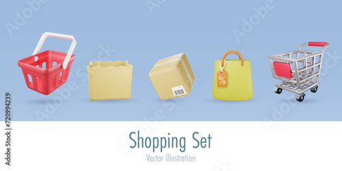 3D online shopping icon set. Shopping basket, bag and trolley cart. Elements for advertising and business marketing. Vector.