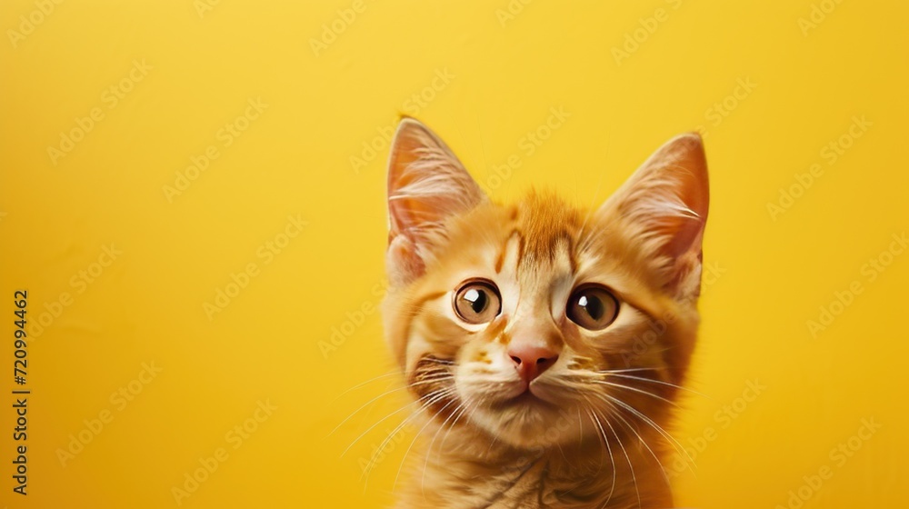 Fototapeta premium cute little orange cat on yellow background