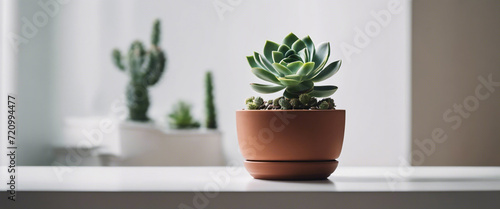 A minimalist composition with ample whitespace  featuring a single potted succulent on a clean  white desk. Emphasize the simplicity of the arrangement
