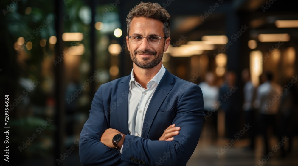 Portrait of a handsome businessman with crossed arms standing in a modern office Generative AI - obrazy, fototapety, plakaty 