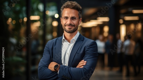 Portrait of a handsome businessman with crossed arms standing in a modern office Generative AI photo