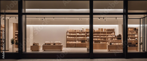A photograph of a minimalist storefront with a single, well-designed product showcased in a clean window display, attracting attention through simplicity.