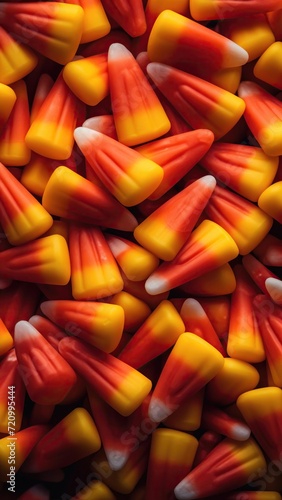 Candy corn background. Halloween candy corn background. Top view. Generative AI
