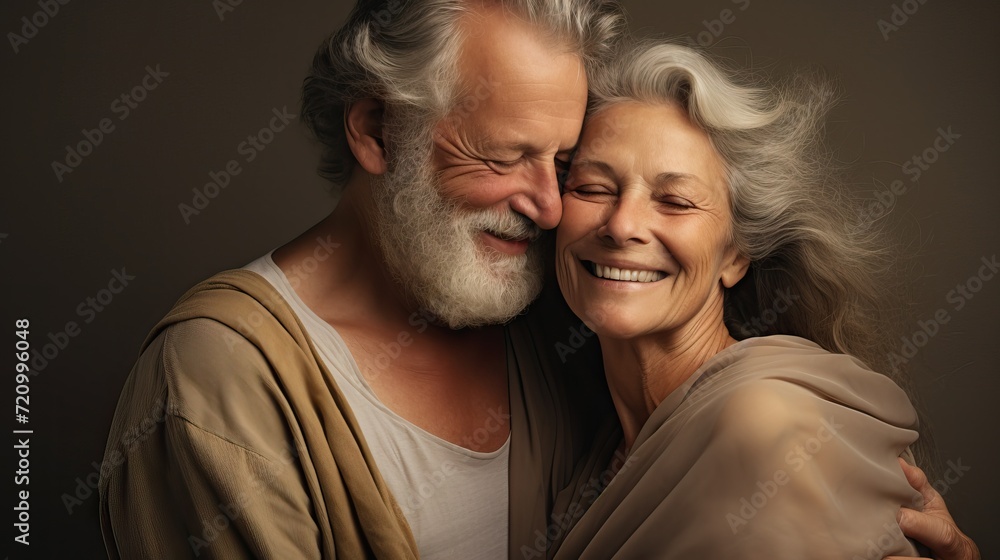 Portrait of a happy senior couple embracing and looking at camera. Generative AI