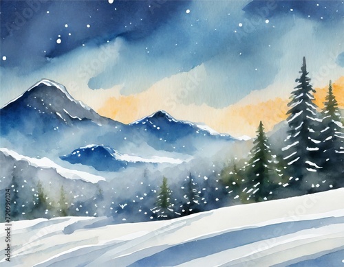 冬景色の水彩画　山　トラベル　アウトドア　背景　フレーム　イラスト　AI生成画像 © ribbon_s