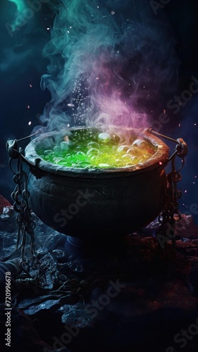 Dark Cinematic Background with Bubbling Cauldron AI Generated