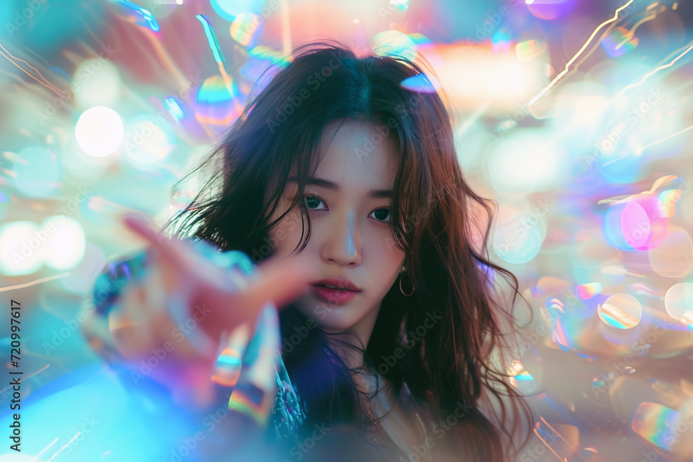 Young Korean woman pointing with finger at camera with soft motion blur effect and double exposure bokeh lights as background Young Korean woman pointing with finger at camera with soft motion blur effect and double exposure bokeh lights as background