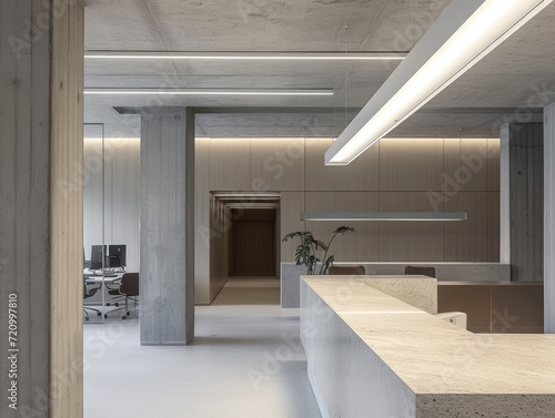 Interior design of a modern elegance office building hall with reception desk: Sophisticated welcome to contemporary workspace © Asayamrad