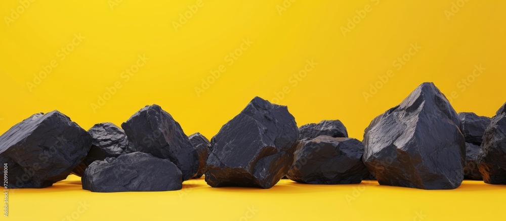 3D rendering of dark rocks on a yellow background for product displays ...
