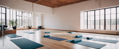 An image of a minimalist yoga studio with clean white walls, simple mats, and unobstructed floor space, creating a serene environment for practice.
