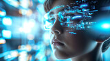 Young boy future technology conceptual portrait. Boy wearing glasses with glasses reflecting holographic data bases
