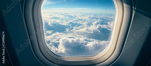 Tranquil Clouds Paint the Sunny Day Through an Airplane Window, Piercing the Limitless Sky