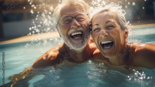 Happy senior couple in the swimming pool. Retirement lifestyle and happiness concept. Generative AI © Alex