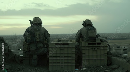 Soldiers and officer with weapons amidst the ruins of the city: Post-apocalyptic scene of military presence