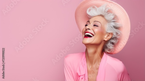 Beautiful happy senior woman in pink dress and hat over pink background. Generative AI