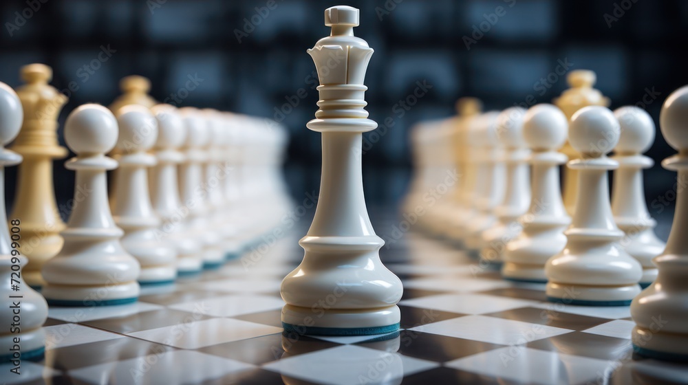 Chess pieces on the chessboard. The concept of leadership and teamwork. Generative AI