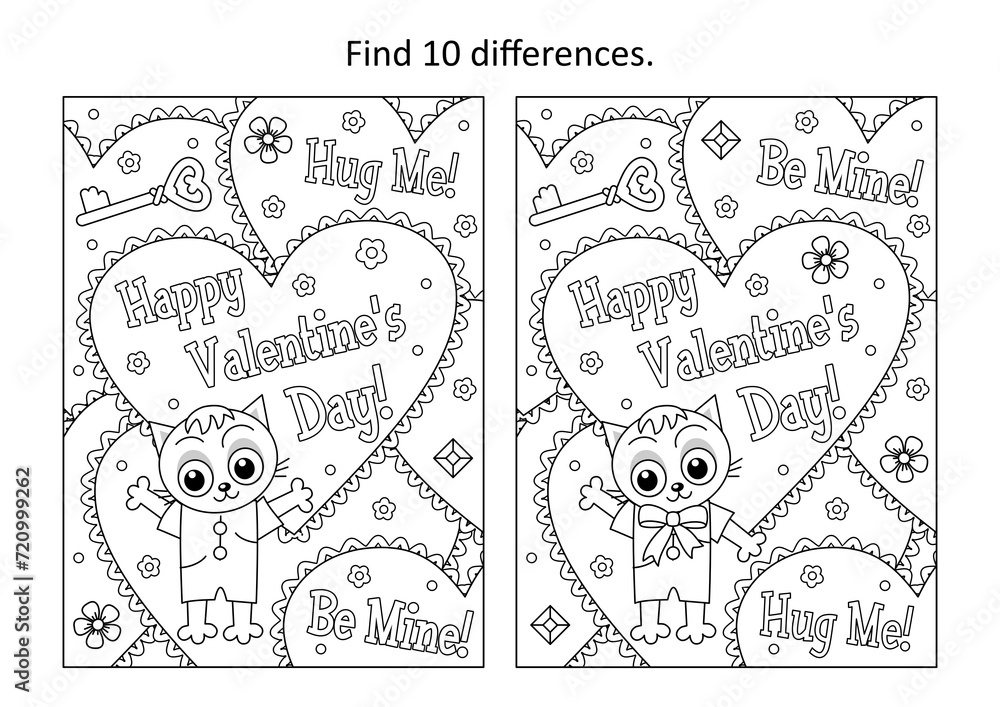 Valentine's Day difference game and coloring page with cute little kitten, Happy Valentine's Day greeting, Hug Me and Be Mine sayings

