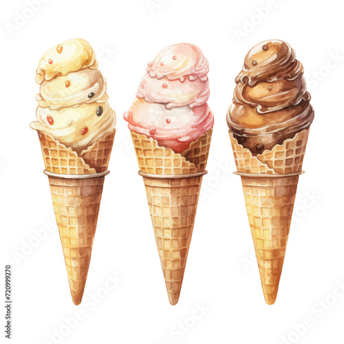 watercolor painting of scoops and waffle cone