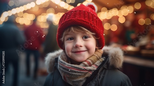 Portrait of a cute little boy in a red hat and scarf on the background of Christmas market. Generative AI