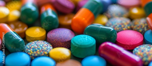 Vibrant, Colorful Drugs and Pills Arranged on a Table - A Captivating Display of Colorful Drugs, Pills, and Table
