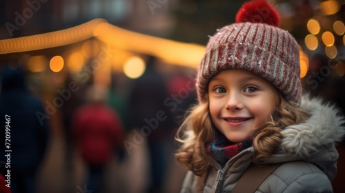 Portrait of a smiling little girl at Christmas market in Munich, Germany Generative AI