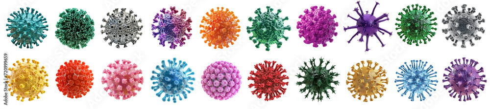 Collection of colorful different types of virus and bacteria over isolated transparent background - obrazy, fototapety, plakaty 