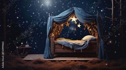 christmas crib with stars and snowfall in night forest (3d render) Generative AI photo