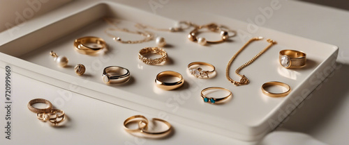 An image of a minimalist jewelry display with a few carefully selected pieces against a clean surface, showcasing the elegance of simplicity in design.