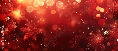 Christmas red background with soft lights and snowflakes.