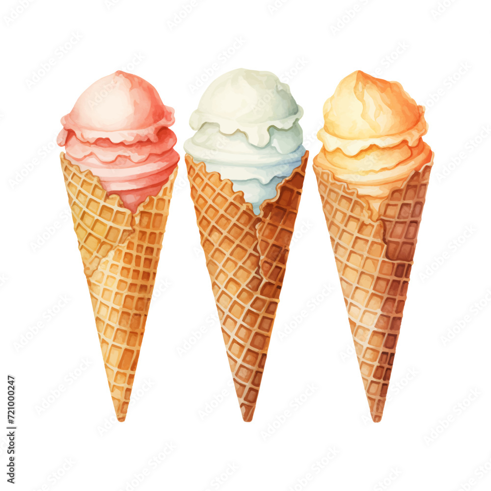 watercolor painting of scoops and waffle cone watercolor painting of scoops and waffle cone