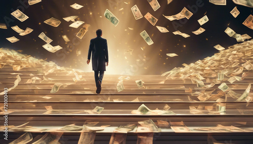 An inspiring cinematic shot of a person walking on a staircase made of floating banknotes, leading towards an ethereal light. Illustrate the surreal journey of financial growth and prosperity.
