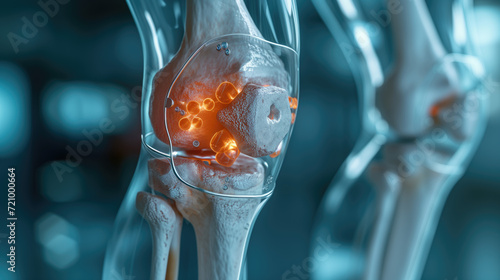 Bone protection and treatment by specialized doctors. Realistic illustration of knee and leg bones with glass shield. media to hospitals, doctors, bone nourishing vitamins. photo