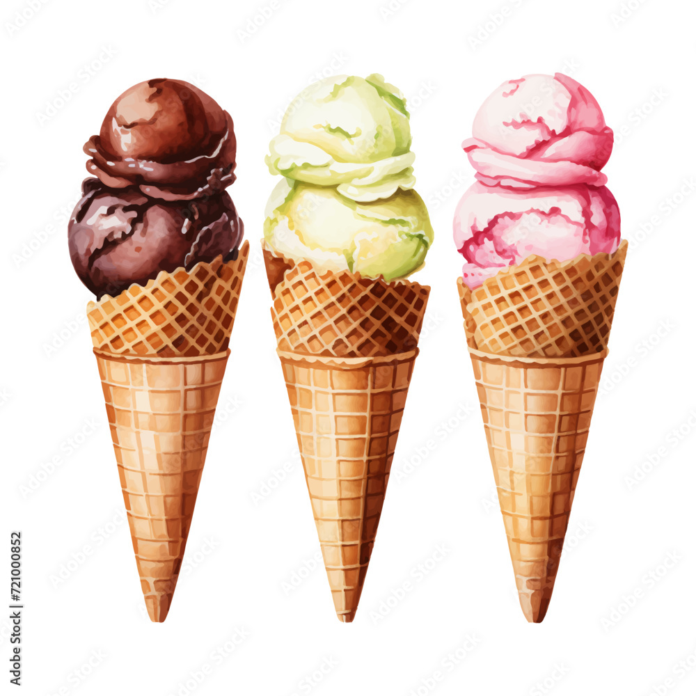 watercolor painting of scoops and waffle cone watercolor painting of scoops and waffle cone