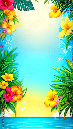 Summer Background with Ocean Waves and Beach with Copy Space for Text. jungle exotic leaves