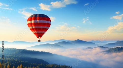 A red and white striped hot air balloon soars above a sea of mist-covered mountains at sunrise.