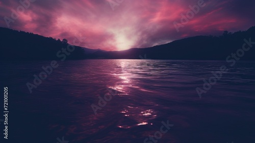 A tranquil scene of a lake under a mystical purple sunset  with mountains silhouetted in the background.