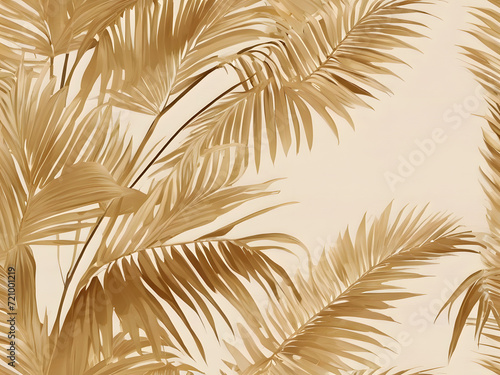 Gold colored tropical palm leaves on beige background
