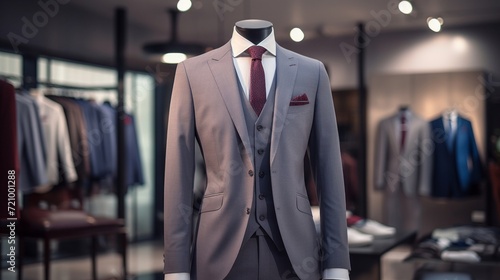 Elegant men's suit on a mannequin in a boutique fashion store setting with stylish background.