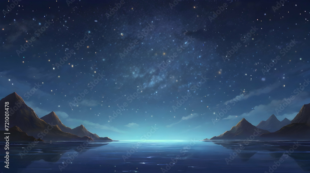 Natural scenery with mountains and ocean under starry sky at night. Nature background. Cartoon or anime illustration style.